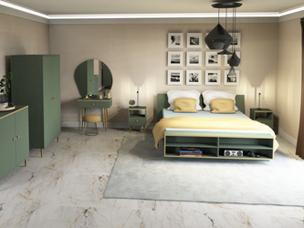 ESTELLA double bed with shelves smoky green. Brushed gold finish