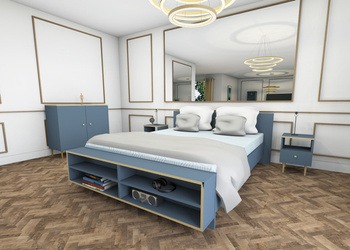ESTELLA double bed with shelves Blue. Brushed gold finish