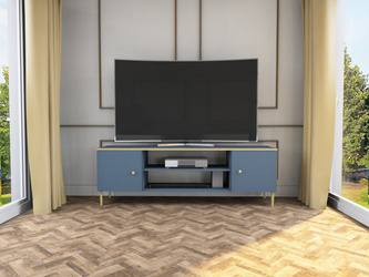 Two-door TV cabinet ESTELLA GLAMOR blue matte and brushed gold aluminum